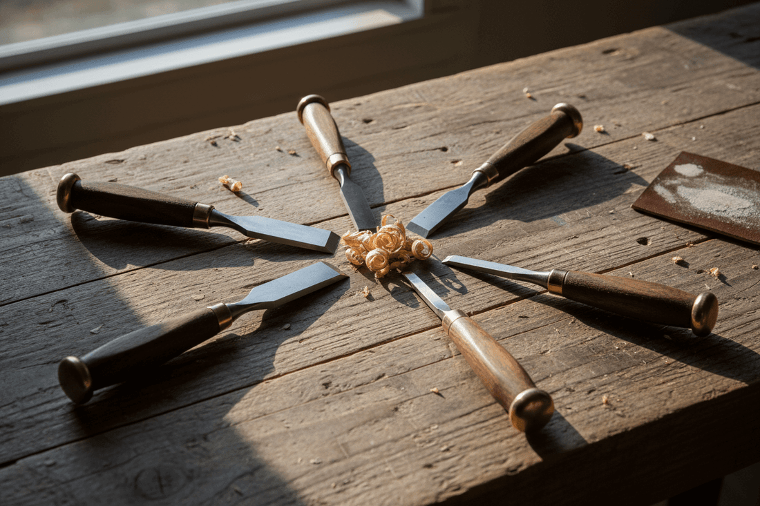 Wood Carving for Beginners - assorted wood carving tools laid out in a circular pattern on a work bench