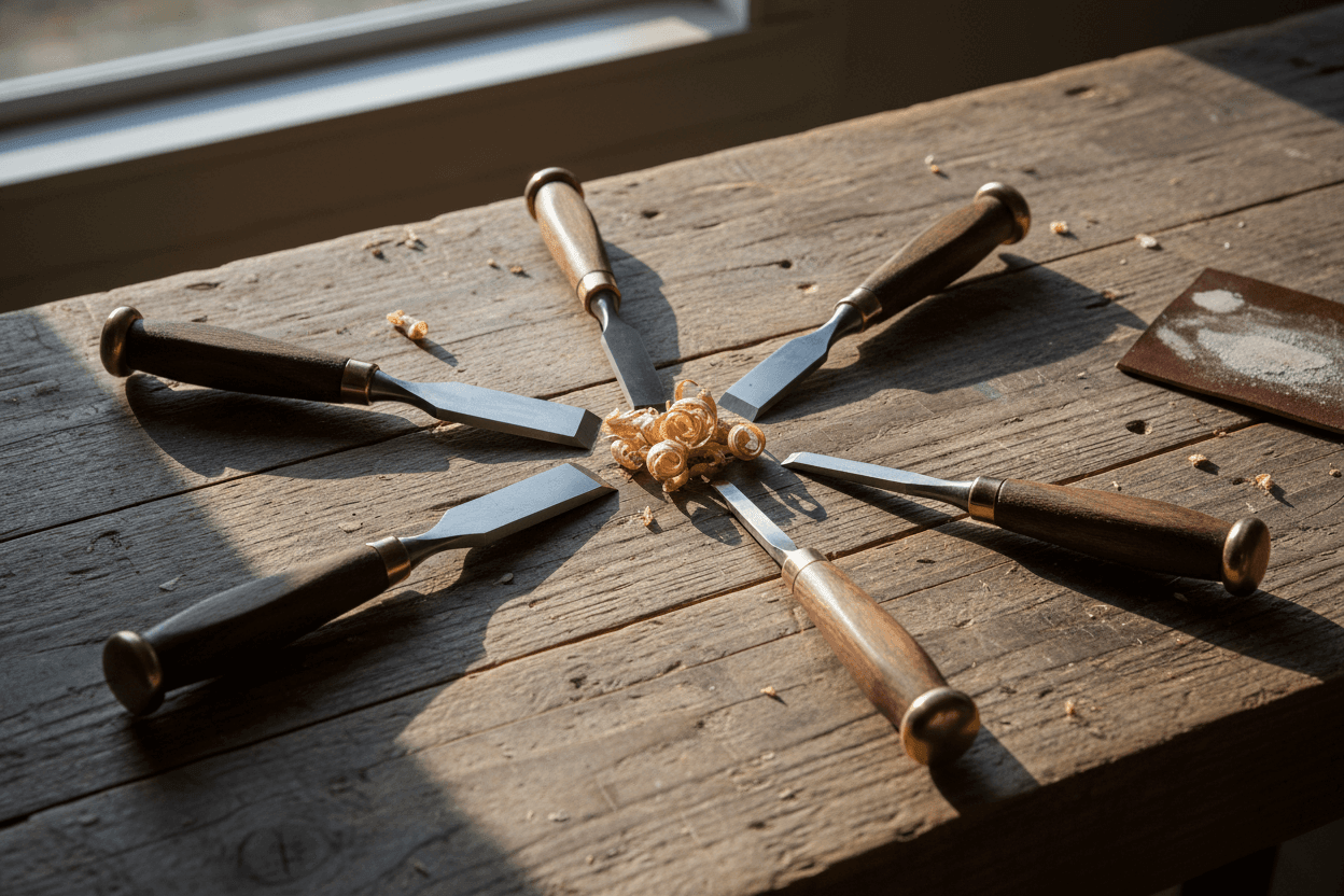 Wood Carving for Beginners - assorted wood carving tools laid out in a circular pattern on a work bench