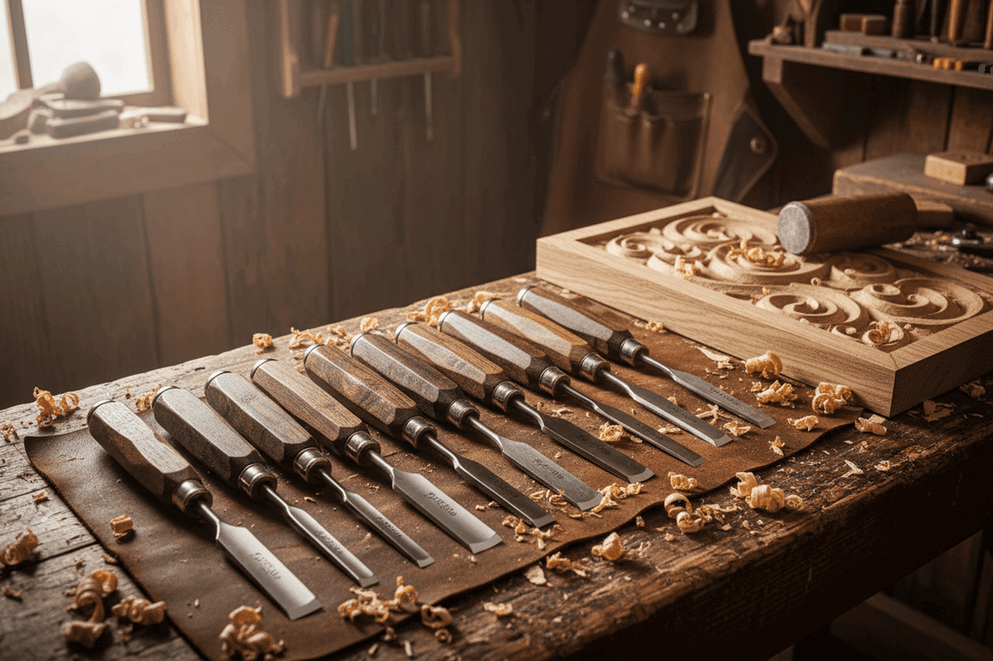 wood carving chisels on a bench