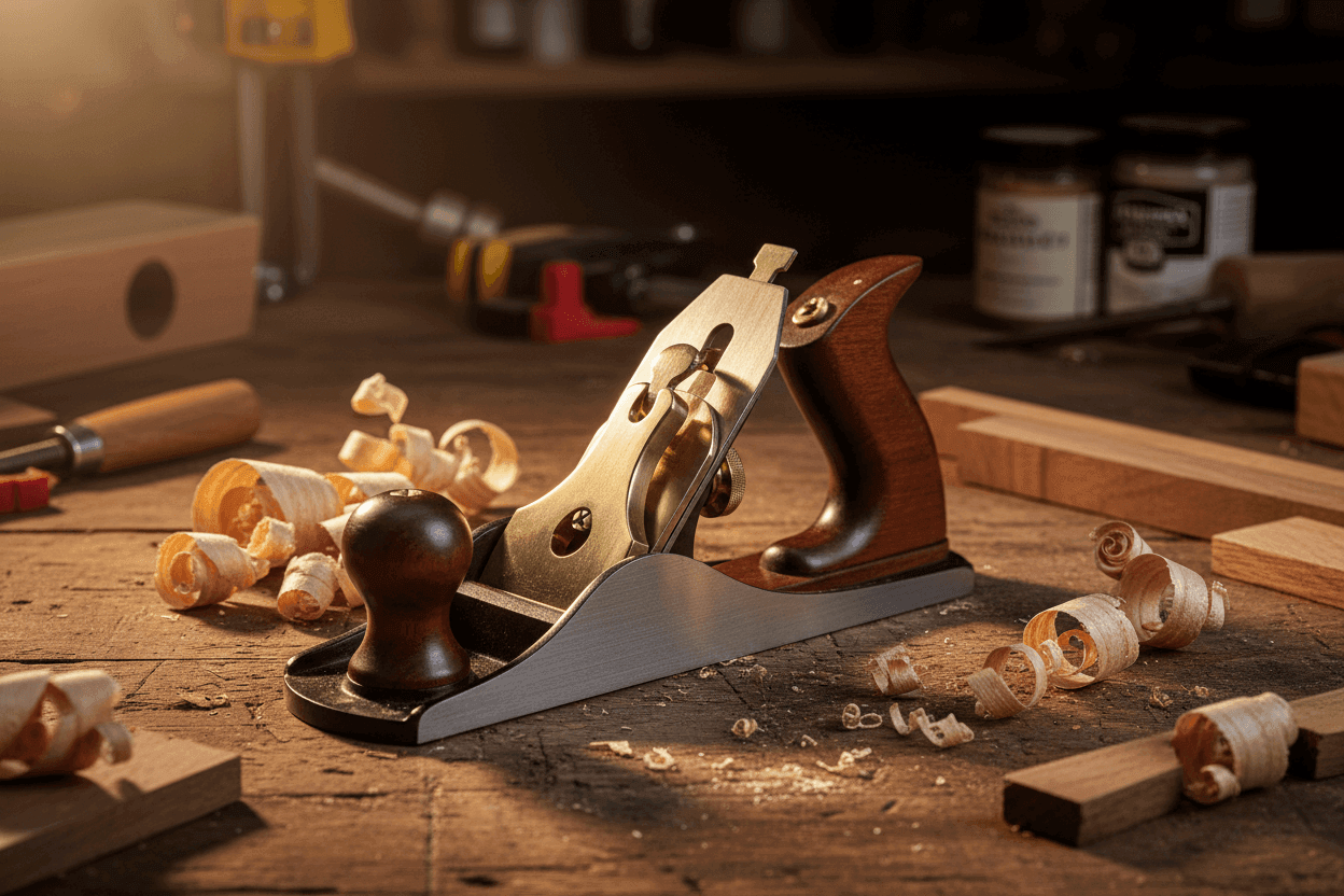 Best hand Planes for Beginners a woodworking hand plane on a work bench with wood shavings