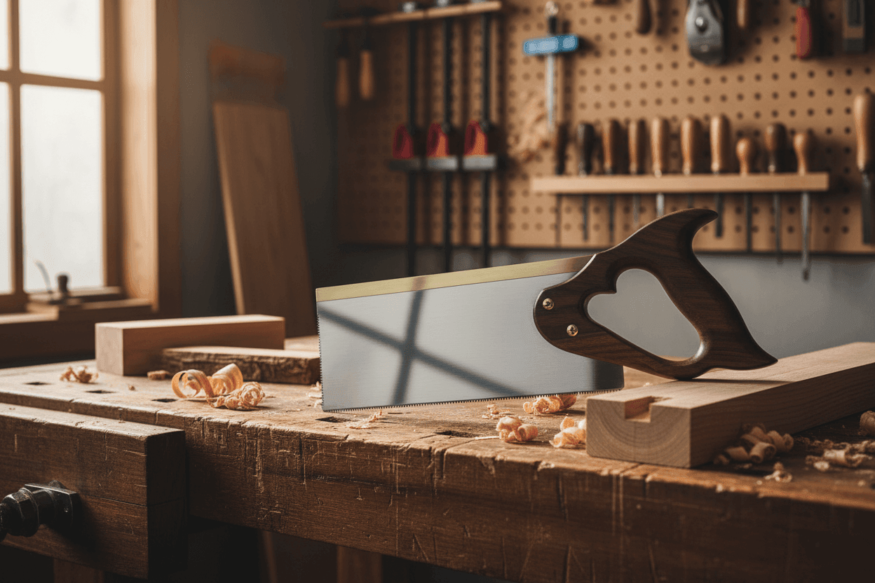 How to Choose the Right saw for Woodworking a picture of a tenon saw on a woodworking bench