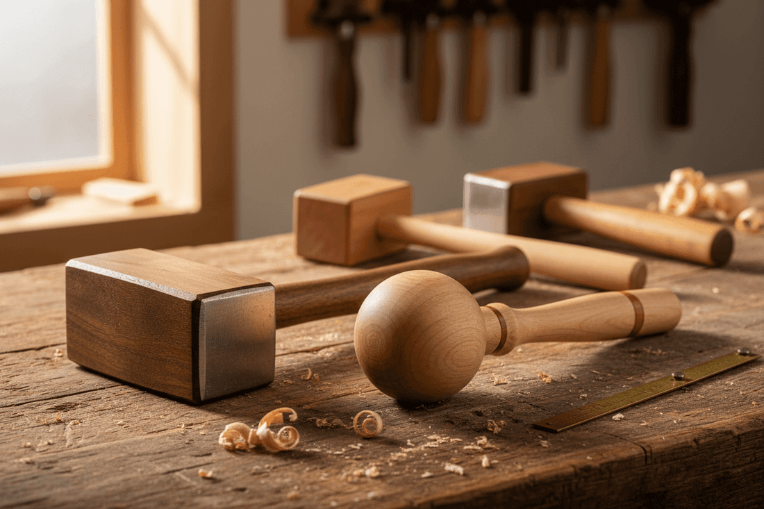 Best Woodworking Mallets - different types of mallets laid out on a woodworking bench