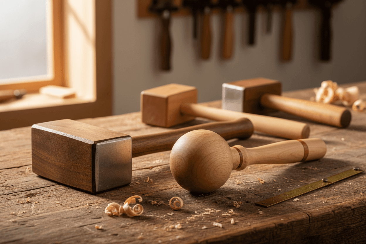 Best Woodworking Mallets - different types of mallets laid out on a woodworking bench
