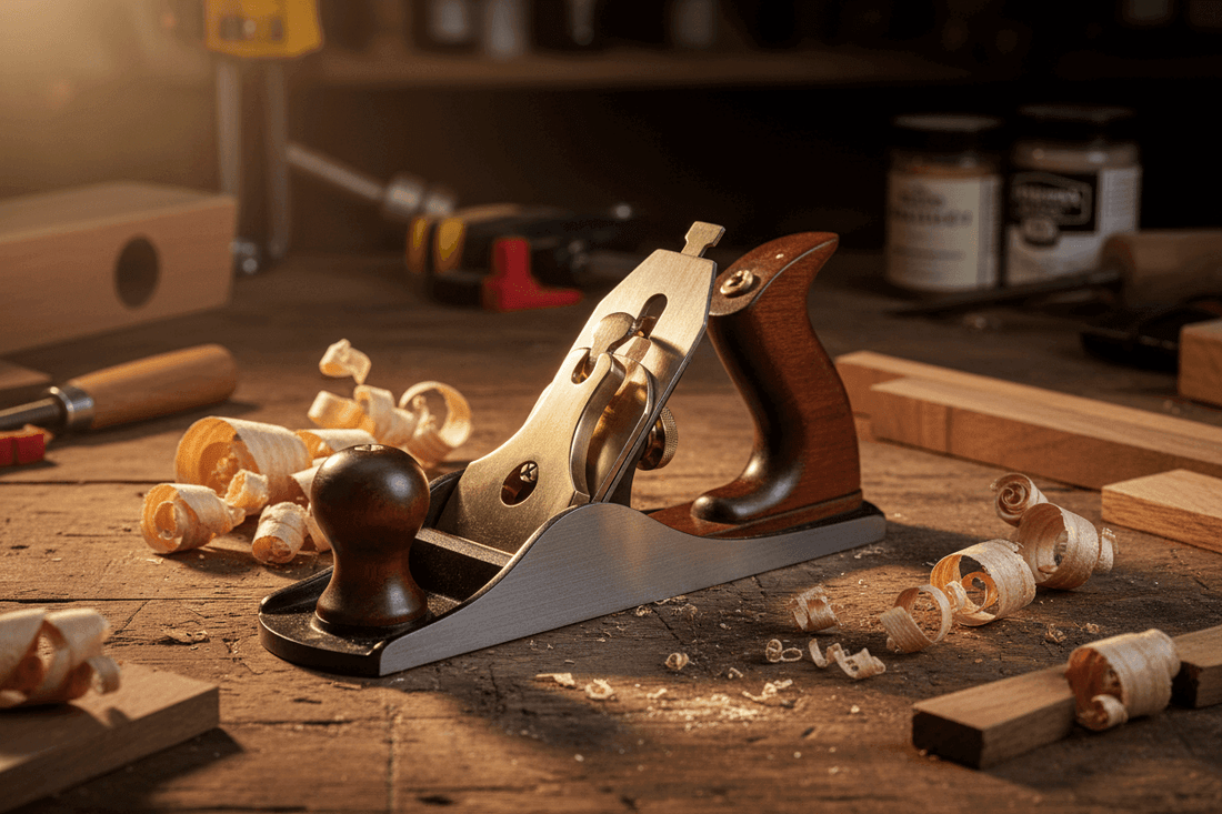 Best hand Planes for Beginners a woodworking hand plane on a work bench with wood shavings