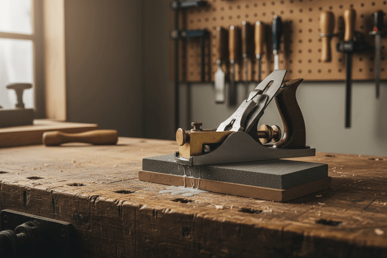 A hand plane and a shoulder plane on a bench with a sharpening stone