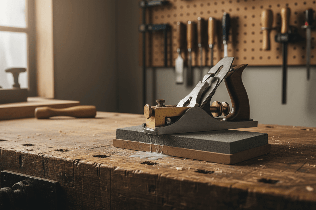 A hand plane and a shoulder plane on a bench with a sharpening stone