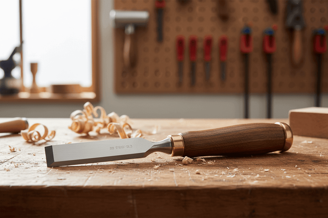 How to Sharpen a Chisel a wood chisel on a bench with wood shavings
