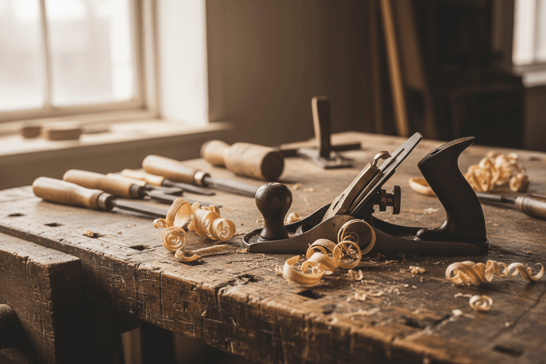 Hand Plane Maintenance a hand plane on a bench with chisels and wood shavings