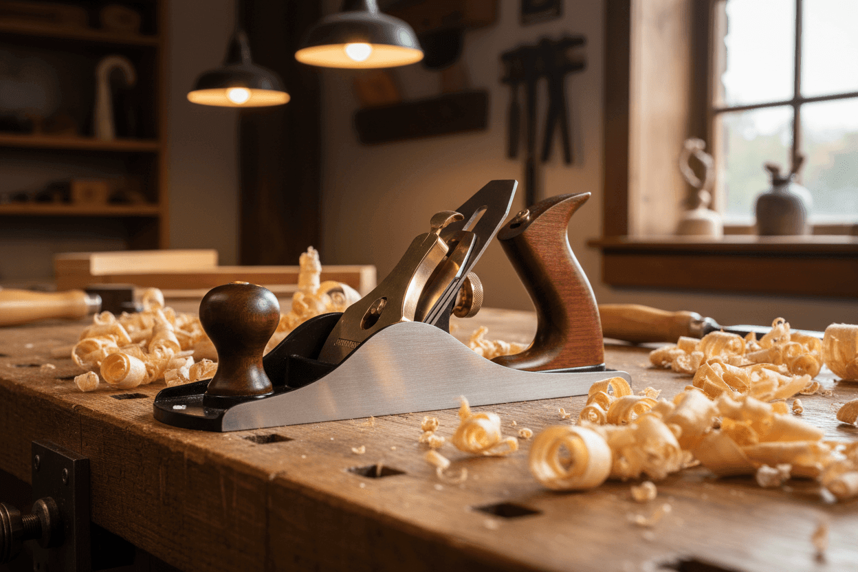 Hand Planes Explained a picture of a woodworking hand plane on a work bench
