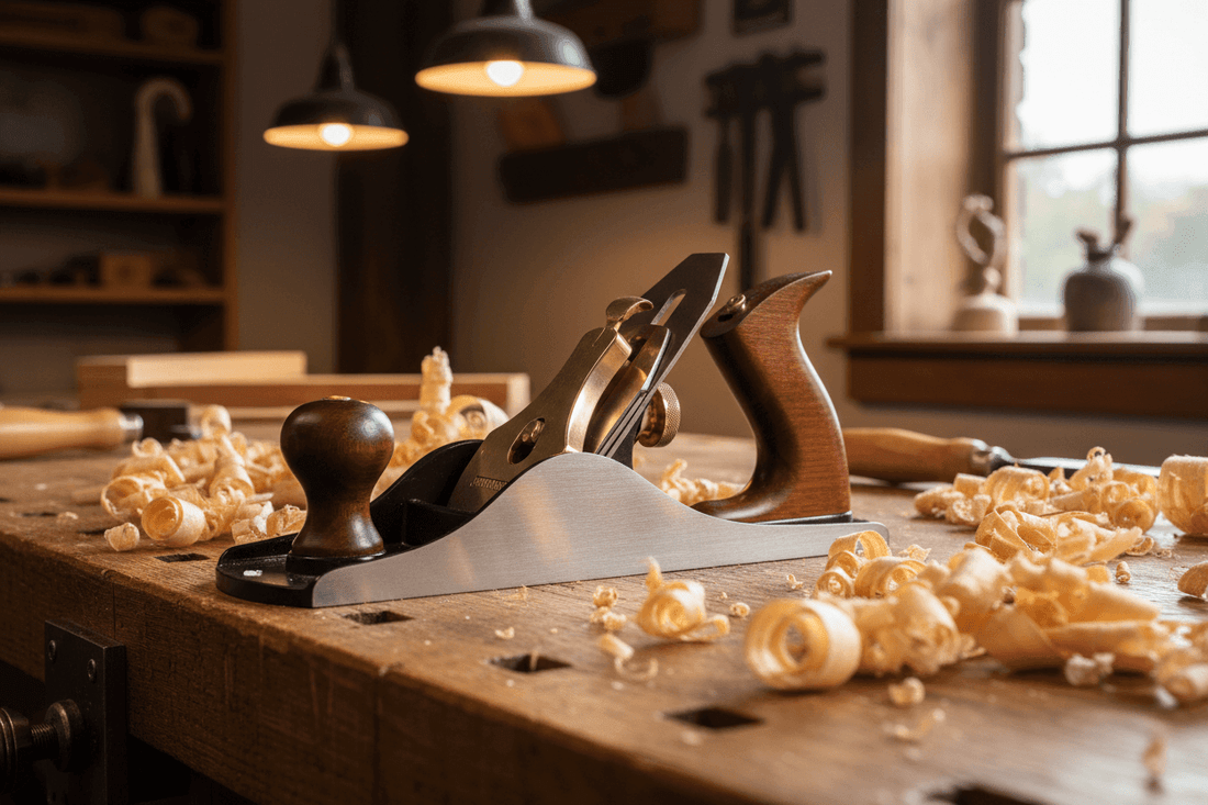Hand Planes Explained a picture of a woodworking hand plane on a work bench