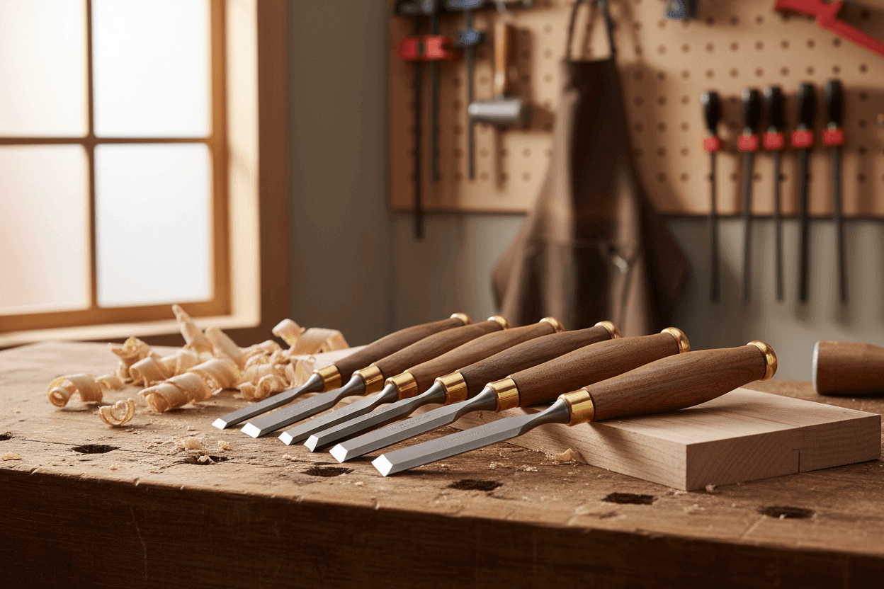 How to Choose the Right Wood Chisel- a  set of 6 woodworking chisels on a work bench