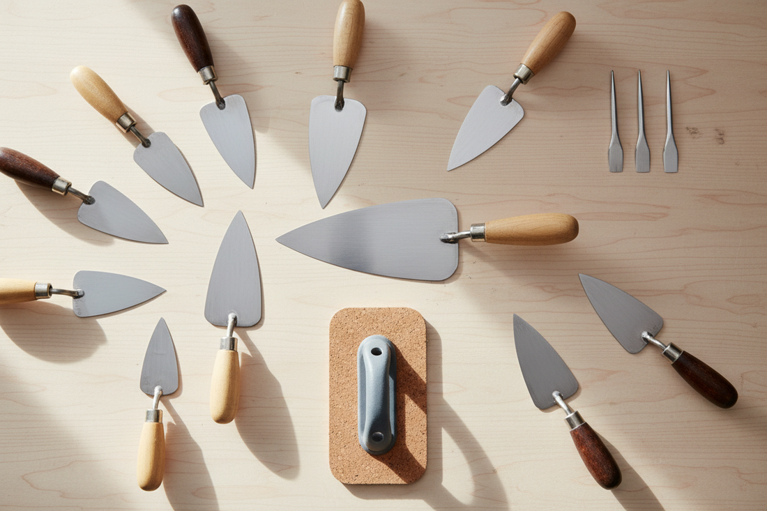 a selection of building & construction trowels on a flat wooden surface