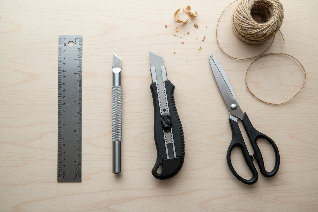 Craft tools for beginners — craft knife, trim knife, steel ruler and scissors laid out on a wooden workbench