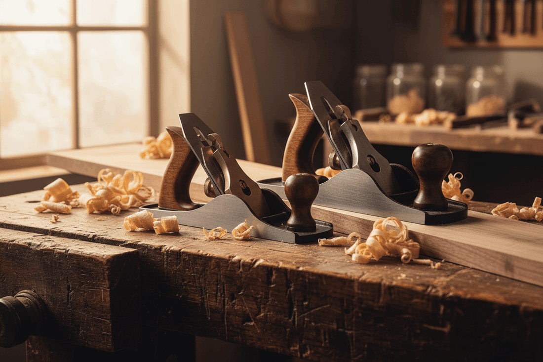 Block Plane vs. Bench Plane: two wood hand planes on a bench with wood shavings and near a vice