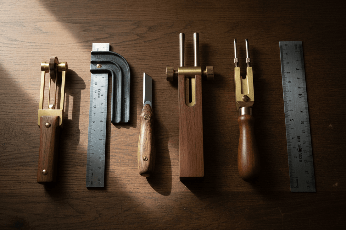 Measuring and Marking for woodworkers -Tools laid out on a wood background