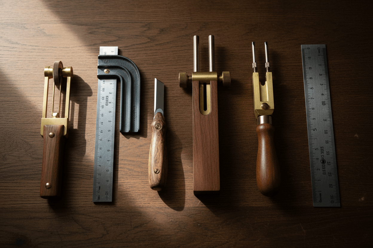 Measuring and Marking for woodworkers -Tools laid out on a wood background