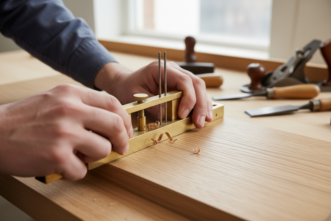 Hands using a mortice gauge to scribe parallel lines on oak timber