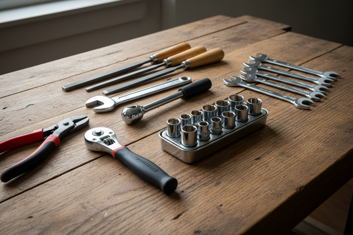 Mechanical and engineering workshop tools including sockets, ratchets, spanners, an adjustable wrench, files and tin snips arranged on a wooden workbench