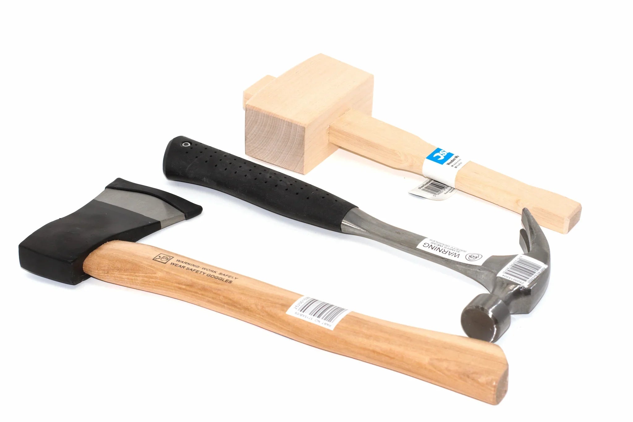 A woodworking mallet, a steel claw hammer and an axe from the Cherry tree tools range, lined up diagonally on a white background