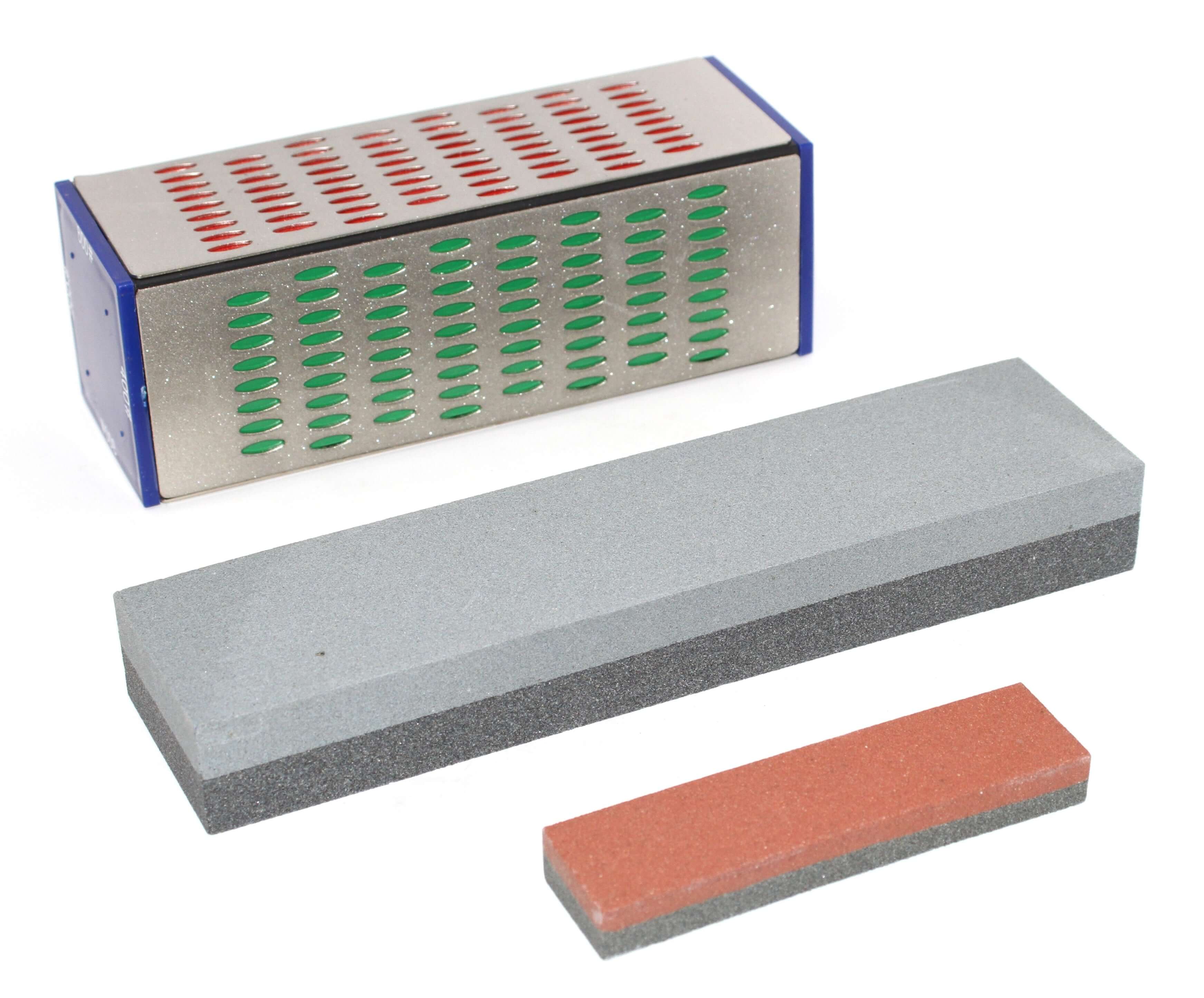 white background with a selection of 3 sharpening stones