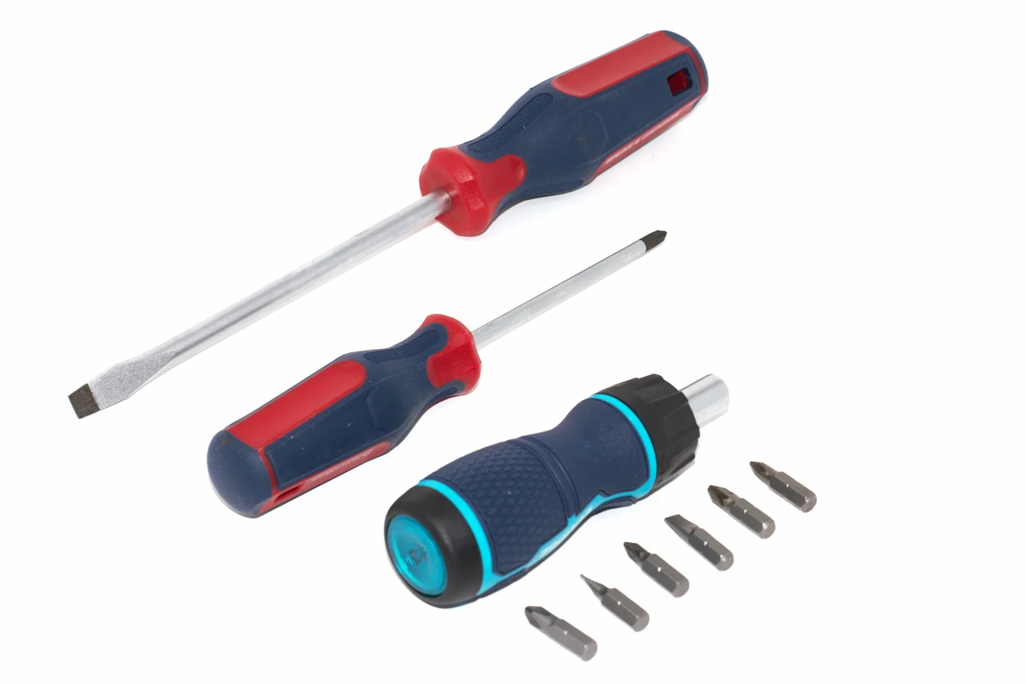 Flat, Philips and ratchet screwdrivers from the Cherry Tree Tools range, lined up diagonally on a white background