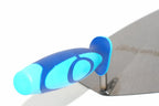 Blue Spot 11" brick trowel broad heel Close-up of a trowel  with a bright blue and light blue ergonomic handle and a silver metal blade, shown against a white background.