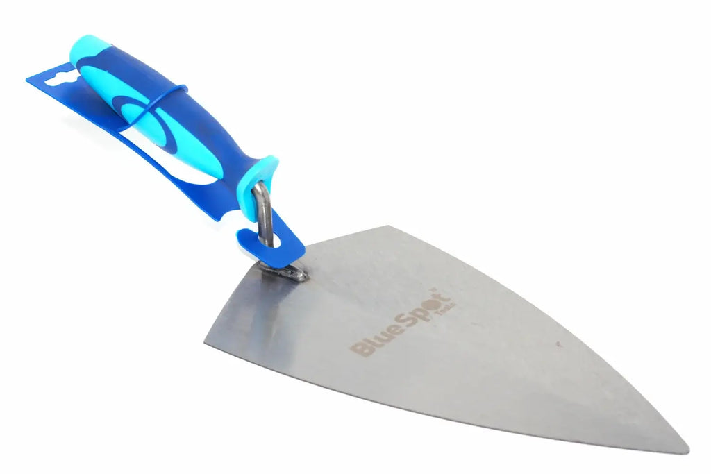 Blue Spot 11" brick trowel broad heel with a silver metal blade and a blue and turquoise plastic handle, shown on a plain white background. The brand name 'BlueSpot' is printed on the blade.