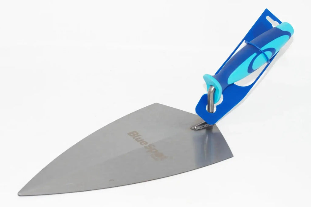 Blue Spot 11" brick trowel broad heel with a blue and light blue ergonomic handle, featuring the 'Blue Spot' brand name printed on the blade, set against a plain white background.