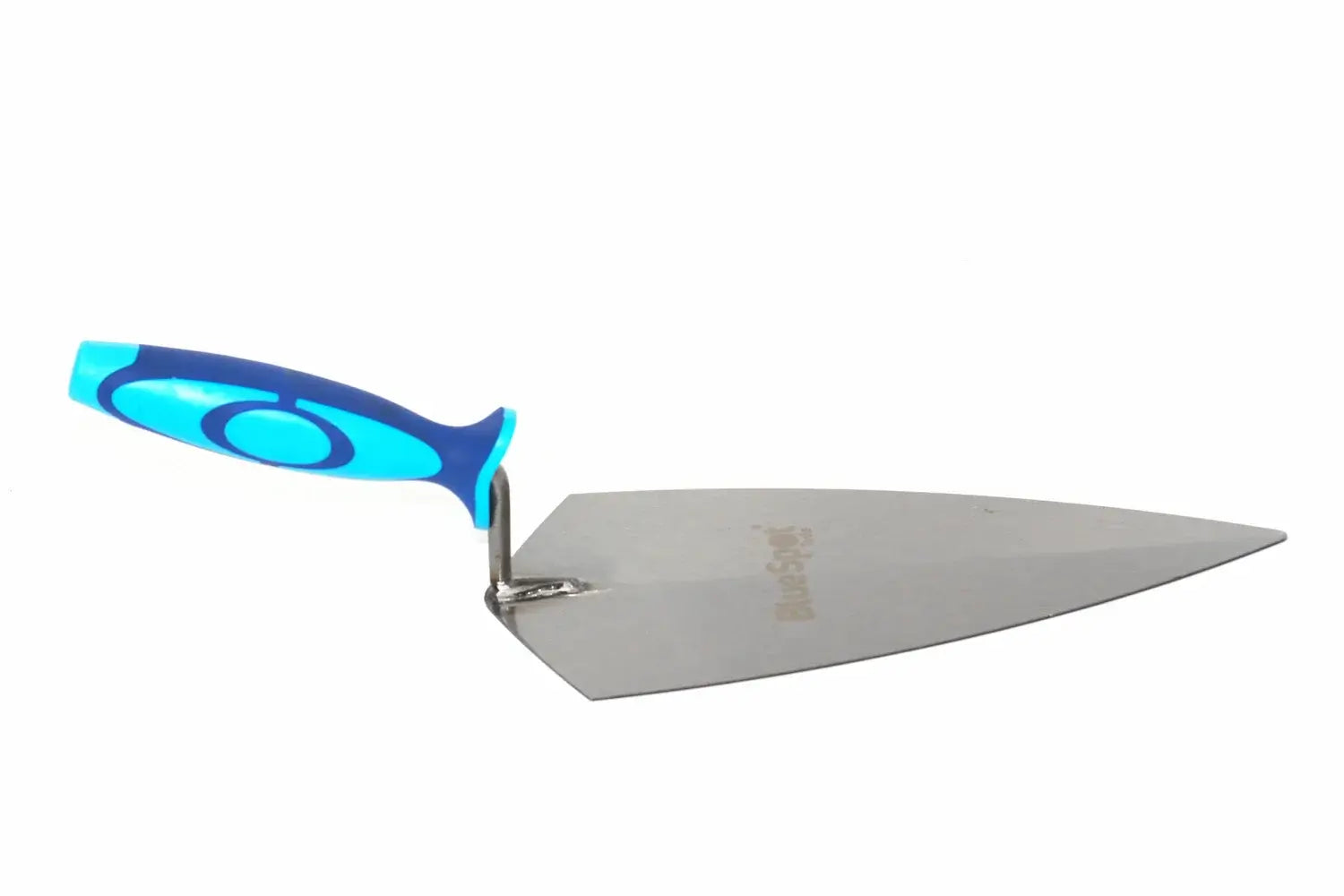 Blue Spot 11" brick trowel broad heel with a flat steel blade with Blue Spot lettering across and a light blue and dark blue handle