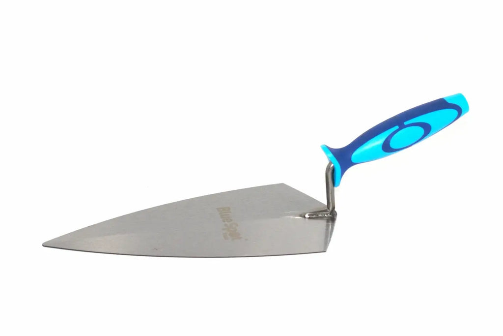Blue Spot 11" Brick Trowel broad heel A metal trowel with a blue and cyan ergonomic handle, shown on a plain white background.