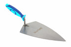 Blue Spot 11" brick trowel broad heel with a blue and turquoise handle, featuring the Blue Spot logo printed on the blade, set against a plain white background.