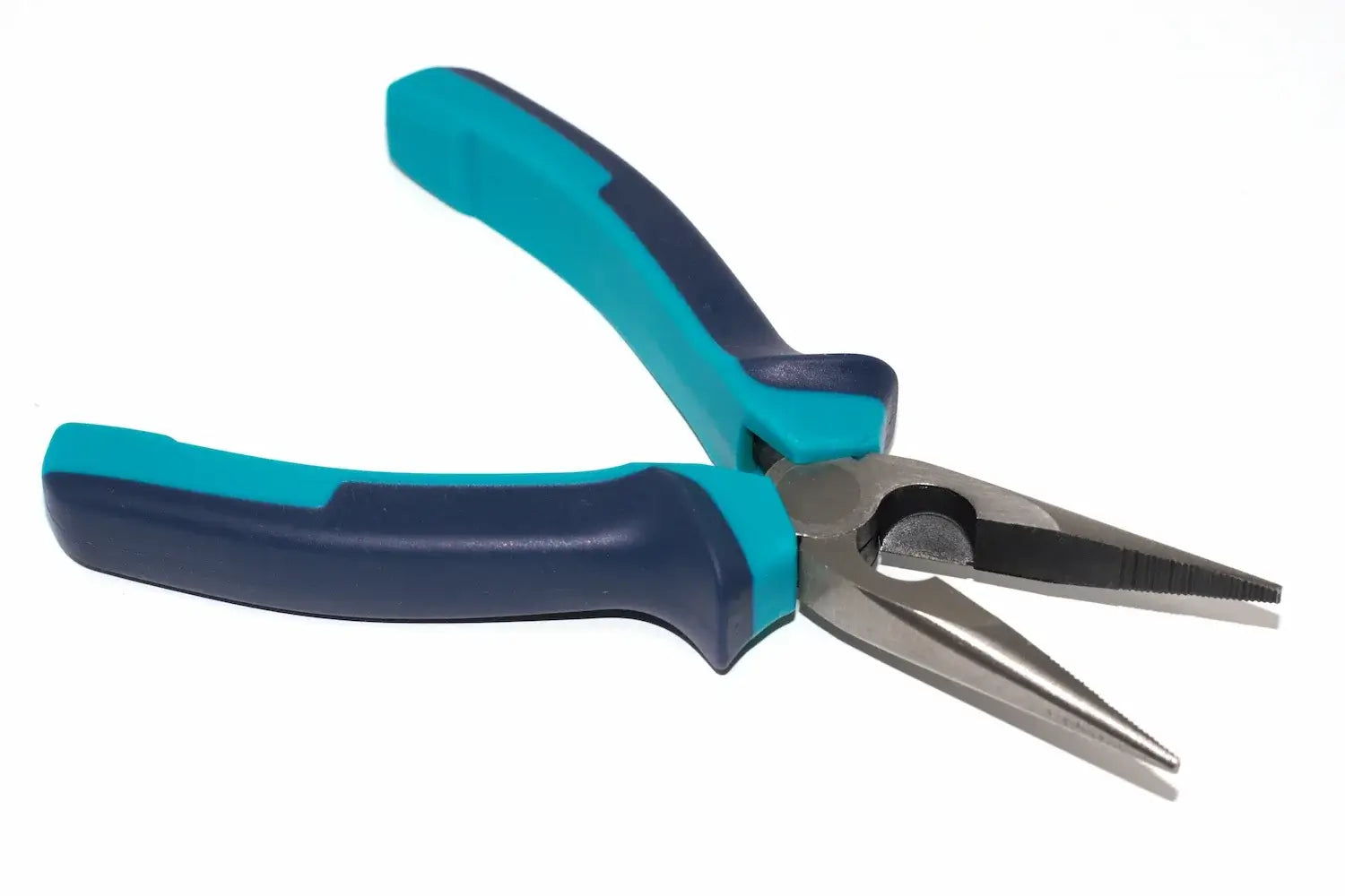 Eclipse Professional 6" Long Nose Pliers by Cherry Tree Tools, teal and black with induction-hardened serrated jaws