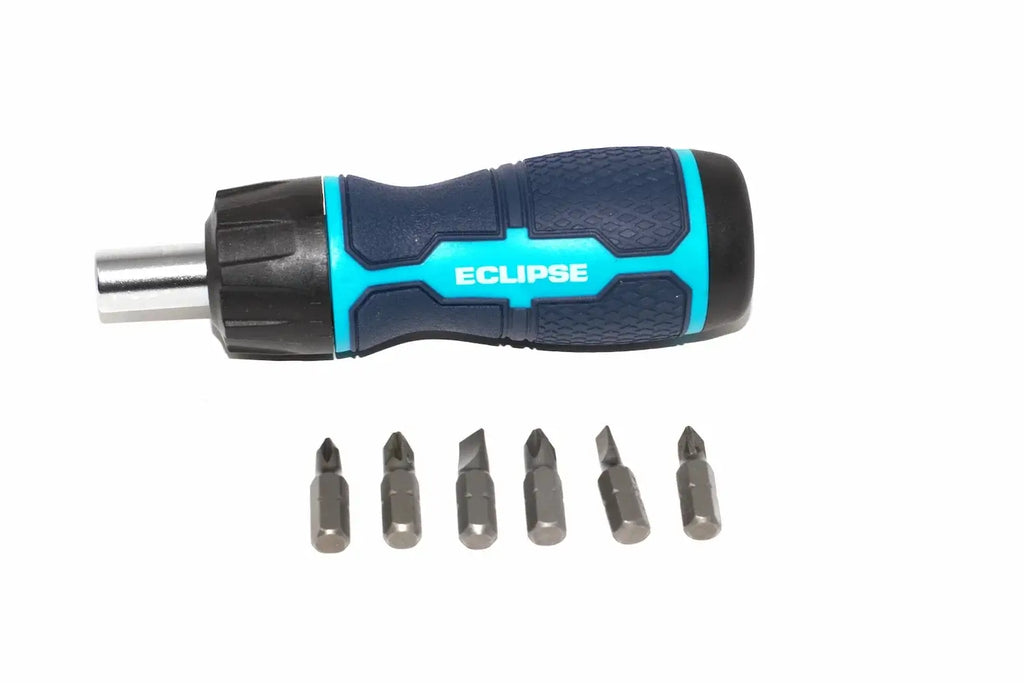 Eclipse 7pc Ratchet Screwdriver Set with ergonomic handle and interchangeable bits.
