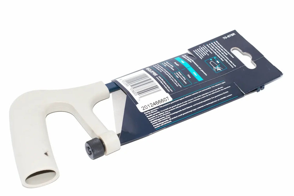 Eclipse Professional Mini Hacksaw by Cherry Tree Tools with white plastic pistol grip and steel epoxy coated frame