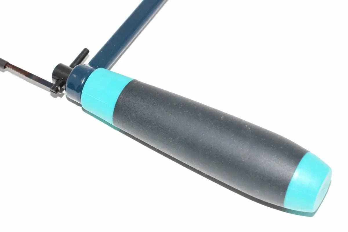 Eclipse Professional Coping Saw- 14tpi Blade by Cherry Tree Tools coping saw in black and blue with curved cut design