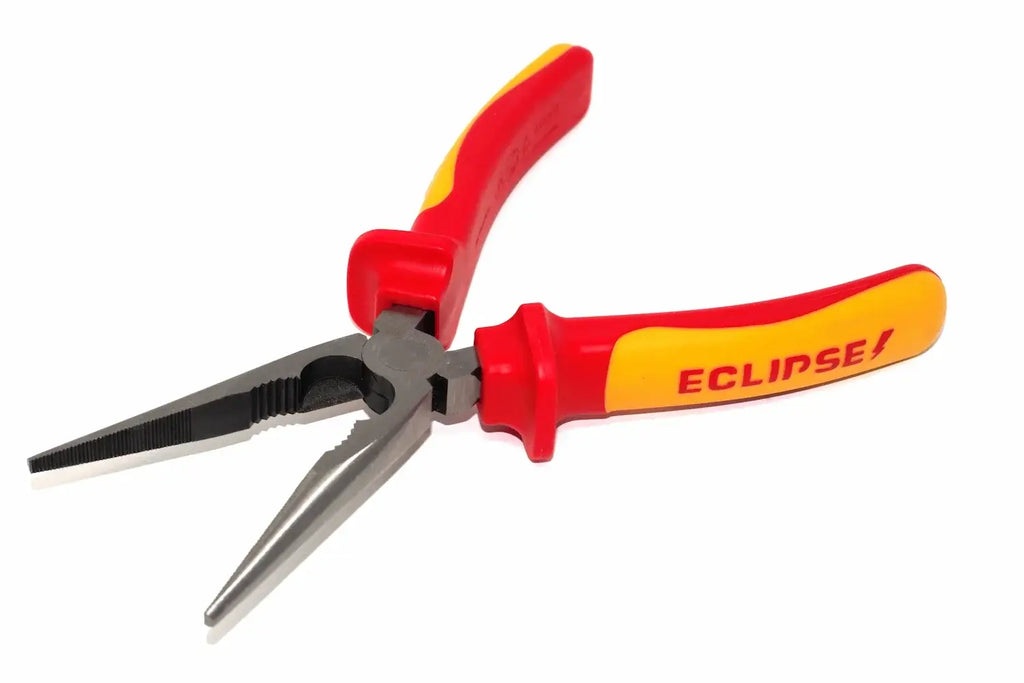 Eclipse 8" VDE long nose pliers by Cherry Tree Tools with red and yellow insulated grips
