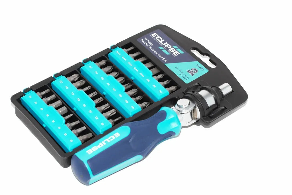 Eclipse 33pc Ratchet Screwdriver Set by Cherry Tree Tools with blue soft feel ergonomic handle