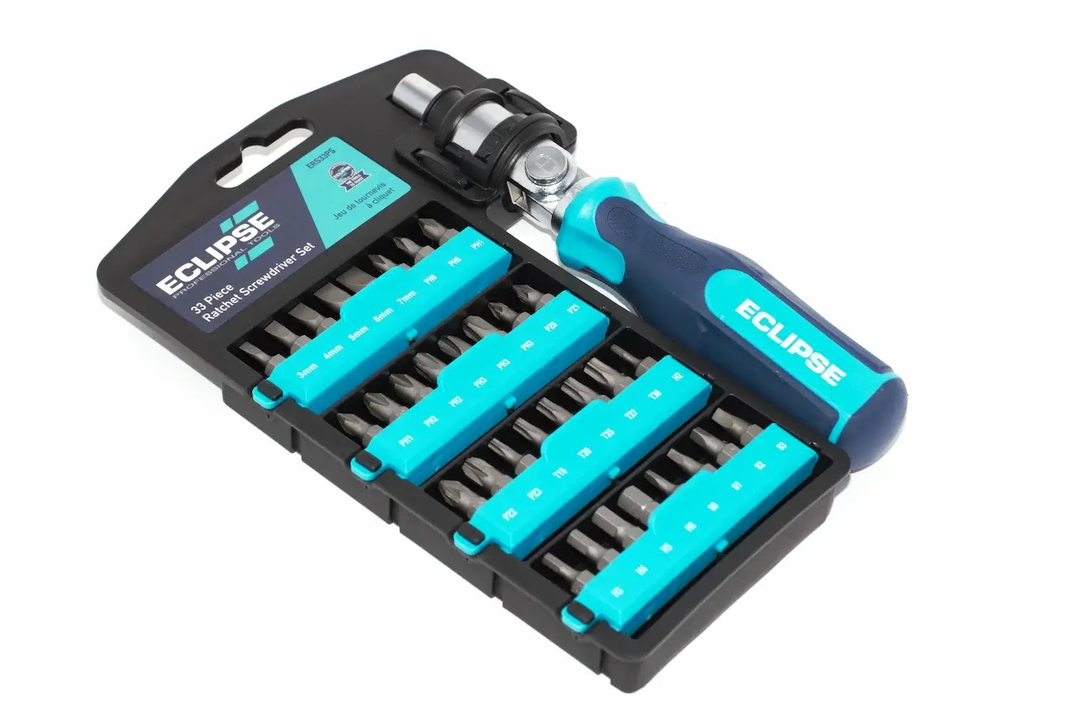 Eclipse 33pc Ratchet Screwdriver Set by Cherry Tree Tools, black and turquoise ratchet handle with bit storage case