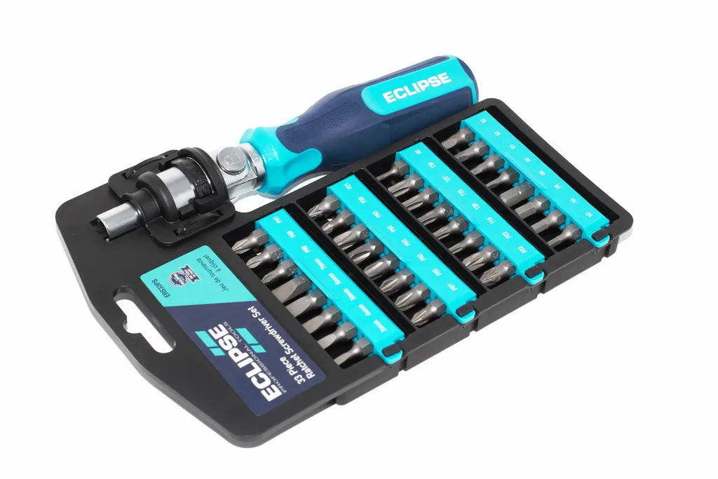 Eclipse 33pc Ratchet Screwdriver Set by Cherry Tree Tools, blue and black with storage case included