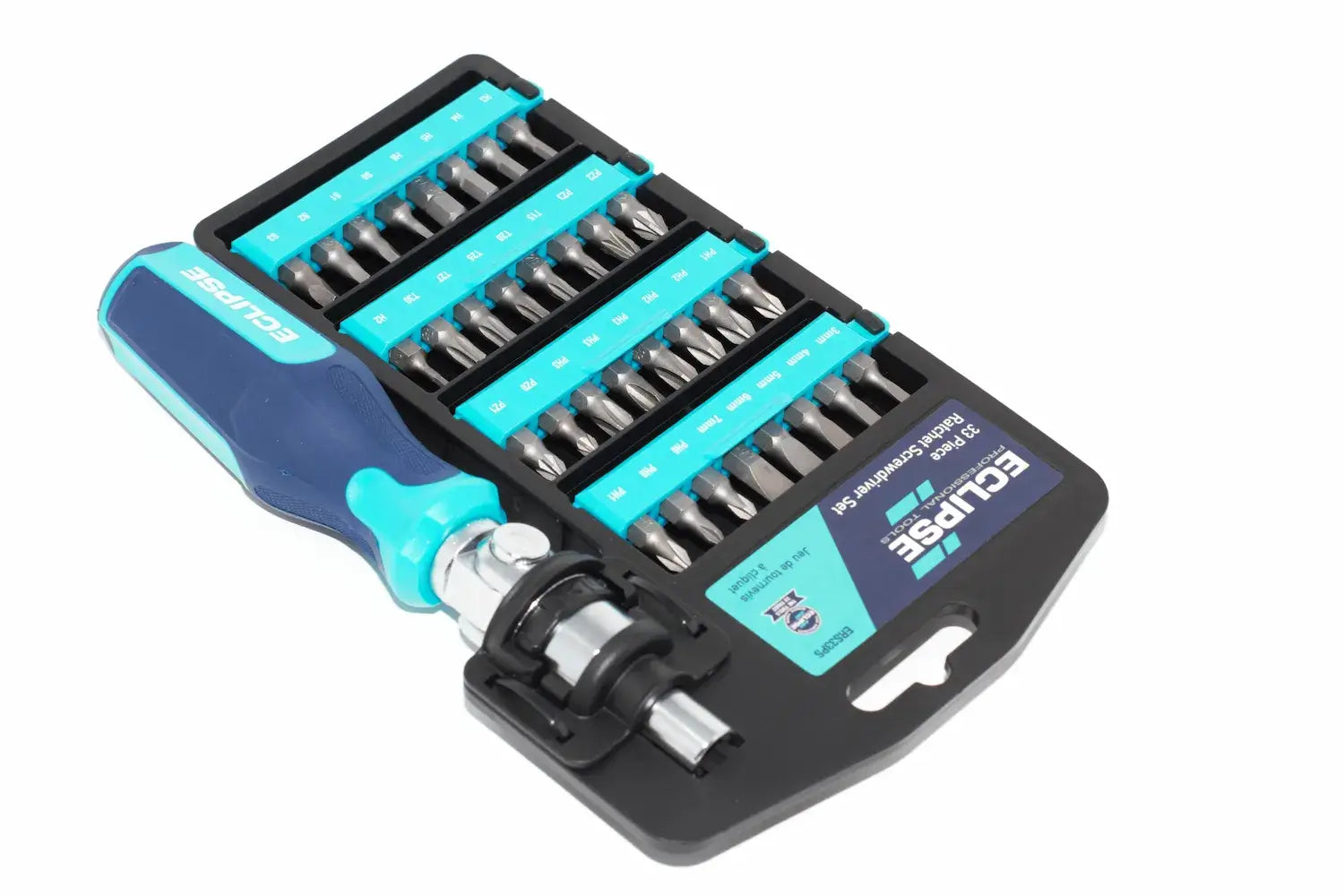 Eclipse 33pc Ratchet Screwdriver Set by Cherry Tree Tools with blue and black storage case