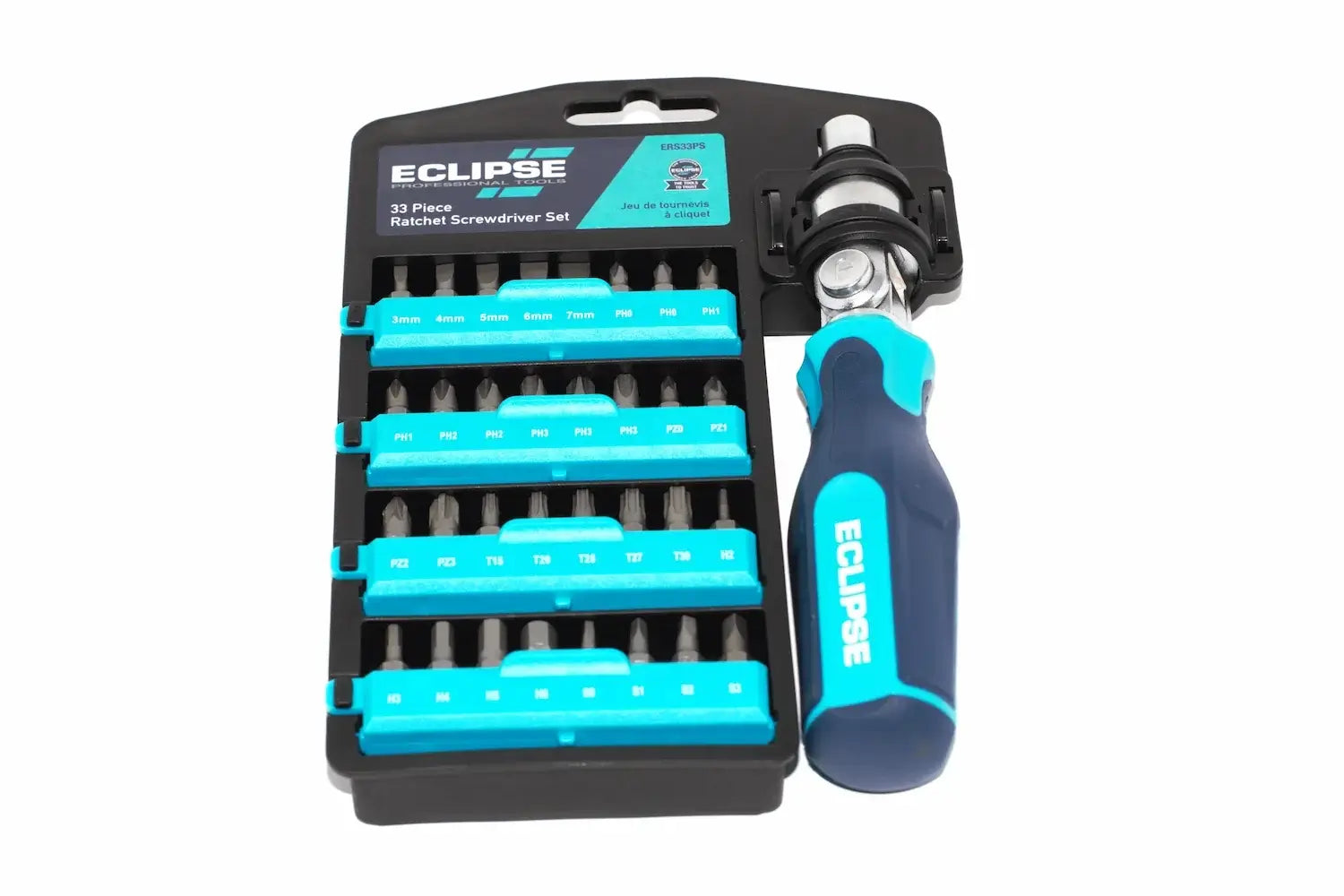 Eclipse 33pc Ratchet Screwdriver Set by Cherry Tree Tools with a push button adjustable angle ratchet handle