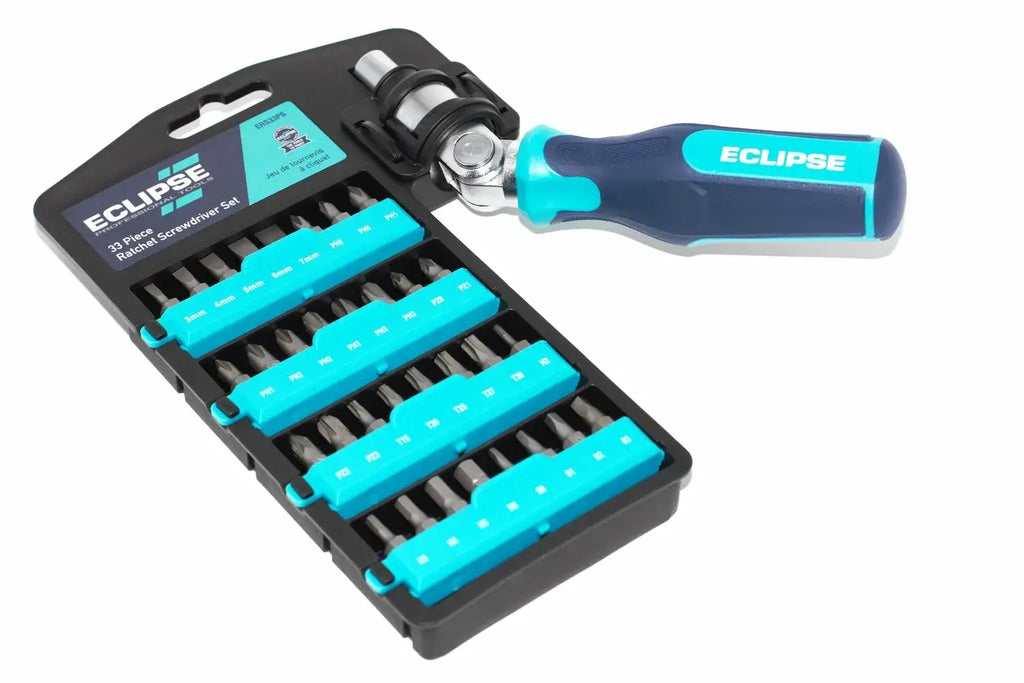 Eclipse 33pc ratchet screwdriver set by Cherry Tree Tools in black and turquoise with a push button angle ratchet