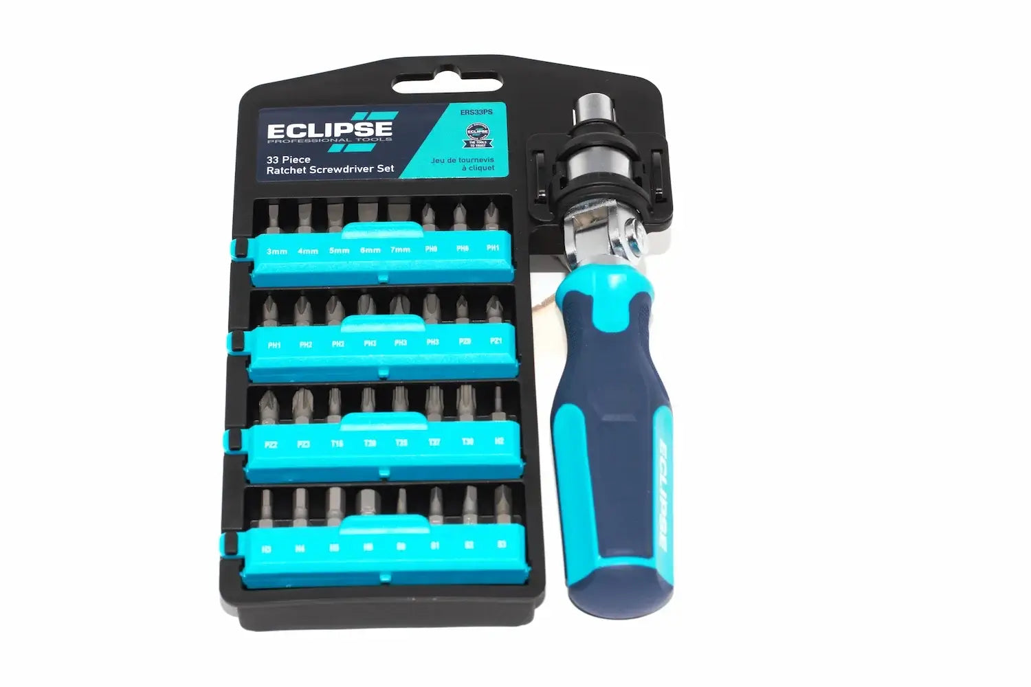 Eclipse 33pc Ratchet Screwdriver Set by Cherry Tree Tools in blue and black with storage case included