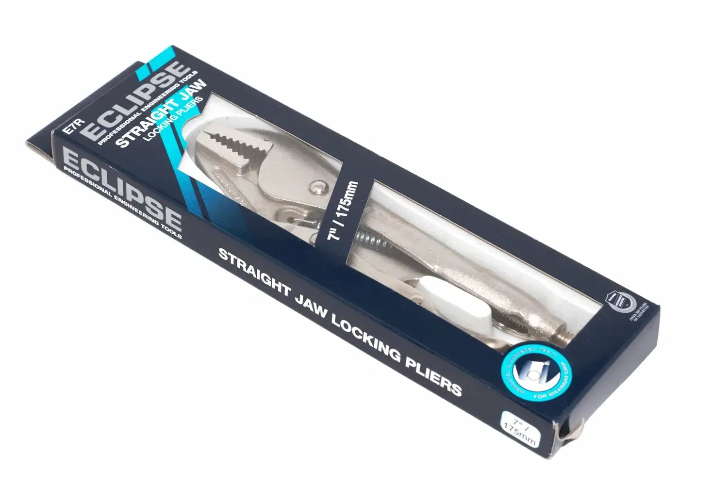 Eclipse 7" Straight Jaw Locking Pliers by Cherry Tree Tools, silver metal with quick release lever