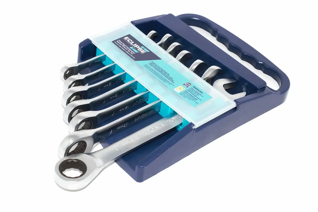 Eclipse 7 Piece Ratchet Spanner Set by Cherry Tree Tools, chrome vanadium steel, fixed head ratchet set