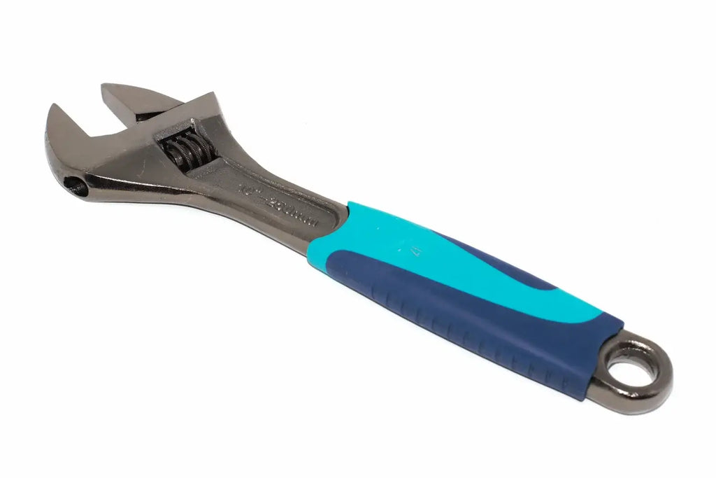 Eclipse 10" Adjustable Wrench by Cherry Tree Tools, hardened jaws, blue and black soft grip handle