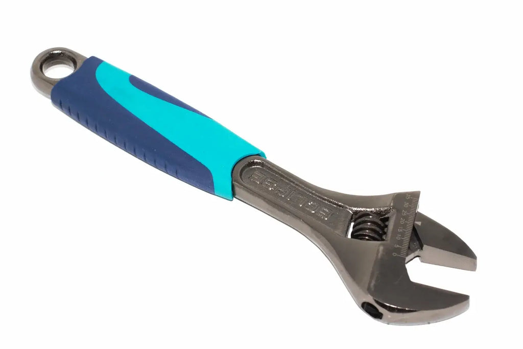 Eclipse 10" Adjustable Wrench- hardened jaws by Cherry Tree Tools, blue and black soft grip