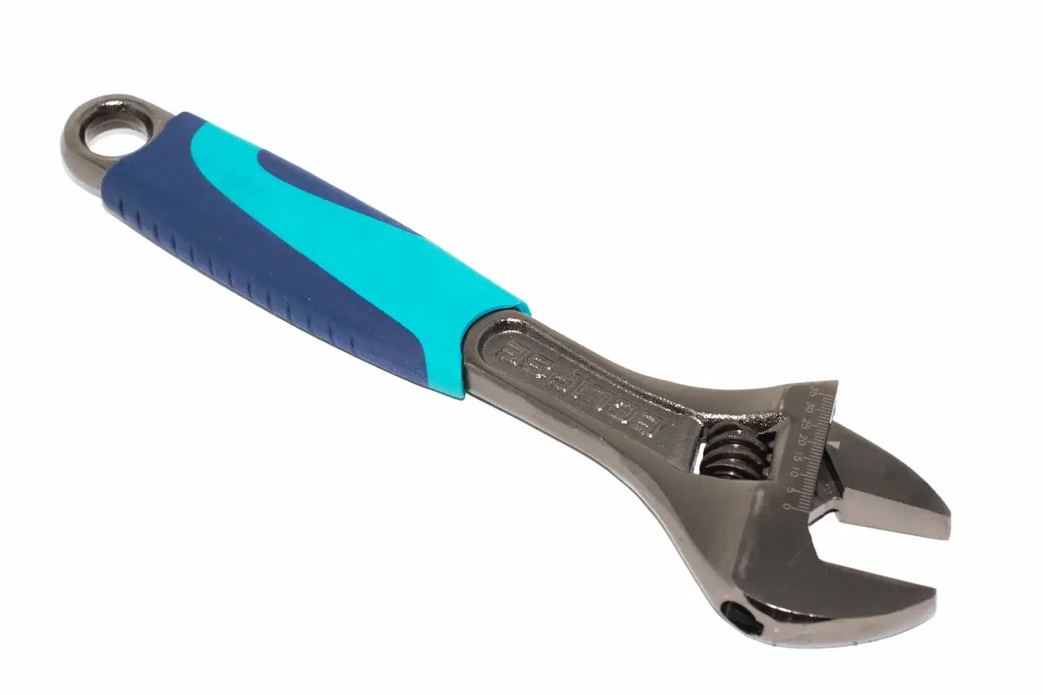 Eclipse 10" Adjustable Wrench- hardened jaws by Cherry Tree Tools, blue and black soft grip