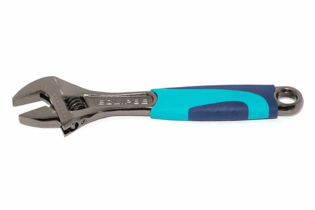Eclipse 10" adjustable wrench by Cherry Tree Tools with hardened jaws and turquoise soft grip handle