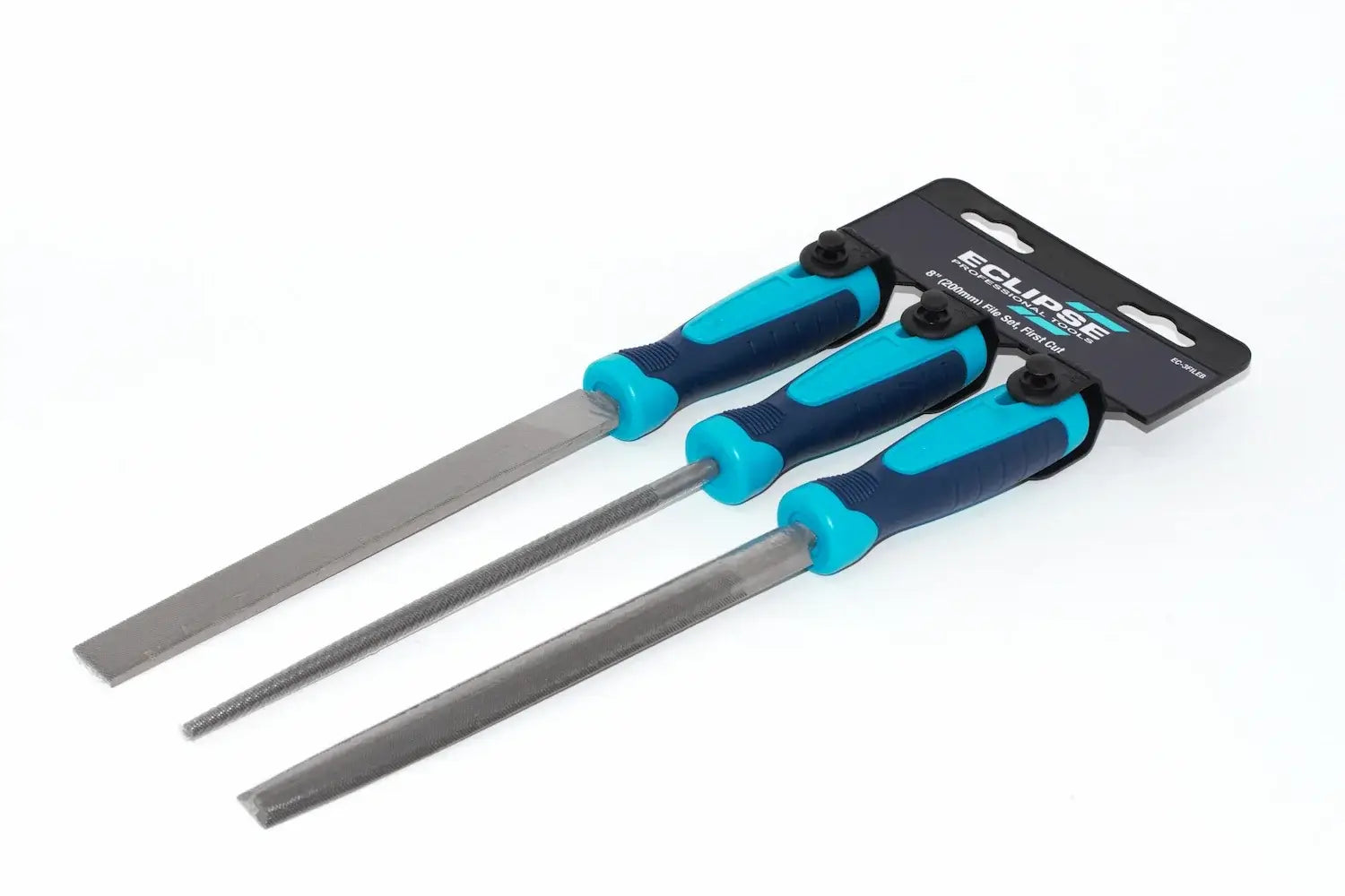 Eclipse Professional File Set 3pc 1st Cut by Cherry Tree Tools, hardened steel metal filing set with blue and black handles